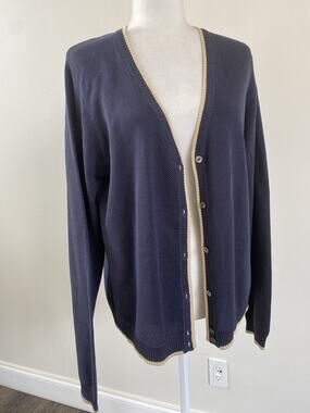 Tail Women’s Blue Beige Spun Silk LS Button Up VNeck Sweater Sz XL